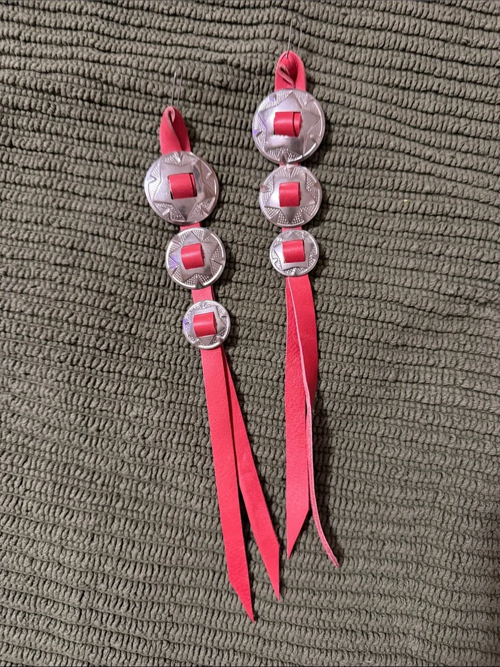 Pink Leather Ribbon Earrings with Silver Concho Accents
